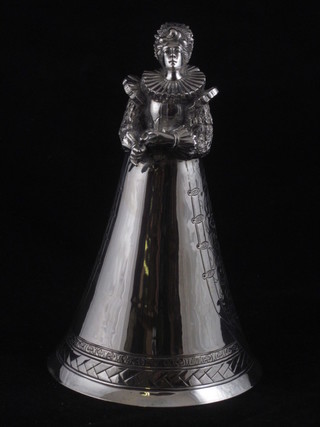 A Continental engraved silver table bell in the form of a standing  lady marked R G, 8"  ILLUSTRATED