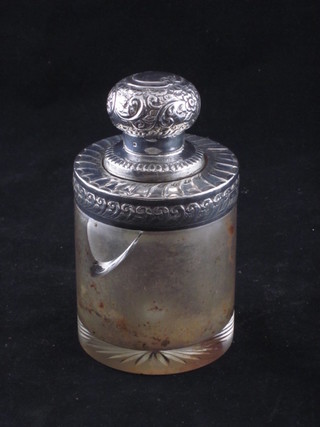 A Victorian cylindrical glass dressing table jar with embossed  silver lid, Birmingham 1983, lid f,