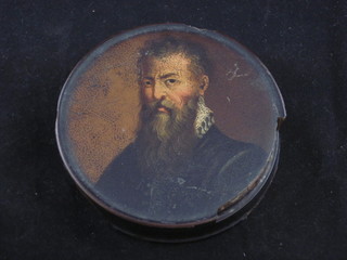 A 19th Century circular lacquered jar and cover, the lid  decorated a portrait of a gentleman 3 1/2"