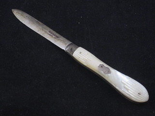 A Victorian silver bladed folding fruit knife with mother of pearl  grip, Sheffield 1885