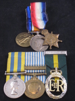 A Father and Son family group comprising trio - 1914-15 Star,  British War medal and Victory medal to 3004 Pte. later Captain  H H Hornsby 28th London Regt. a trio to 2nd Lieutenant J A  Hornsby Royal Fusiliers comprising Korean medal, United  Nations Korea medal and Elizabeth II issue Territorial decoration