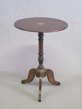 A 19th Century inlaid mahogany wine table, raised on a turned  oak pedestal base 19"