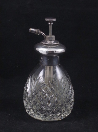 A cut glass globular perfume atomiser with silver collar, Birmingham 1923