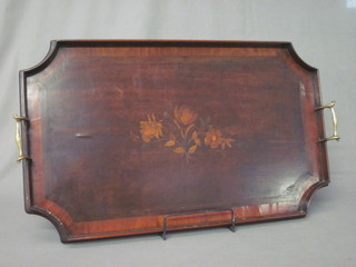 An Edwardian inlaid mahogany twin handled tea tray with floral decoration 24"