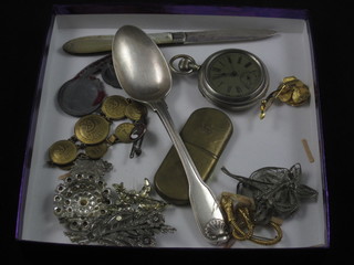 A Georgian silver fiddle and thread pattern pudding spoon,  pocket watch contained in a silver plated case, a silver folding  fruit knife with mother of pearl grip and a small collection of  costume jewellery
