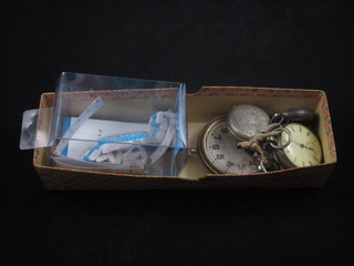 A silver open faced pocket watch, 2 Continental silver cased fob  watches, 1 glass f, and a small collection of watches