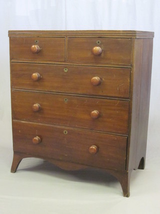 A Victorian mahogany chest of 2 short and 3 long drawers with  tore handles, raised on splayed bracket feet, 35"