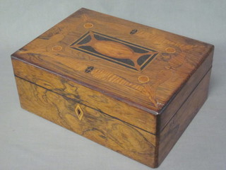 A Victorian inlaid rosewood trinket box with hinged lid, 13"