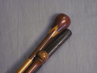 A 19th Century inlaid mahogany and 2 other walking sticks