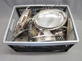 A silver plated entree dish and cover, silver plated Oriental style tea service, silver plated toast rack and other items of silver plate