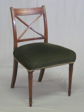 A set of 6 19th Century mahogany bar back dining chairs with X  framed backs, raised on turned supports