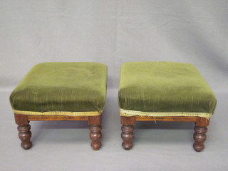 A pair of Victorian square inlaid rosewood stools, raised on turned supports 12"