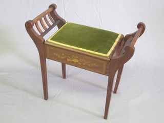An Edwardian Art Nouveau inlaid mahogany box seat piano stool  with hinged lid