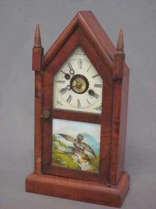 A 19th Century American 30 hour alarm shelf clock with painted dial, contained in a walnut architectural case