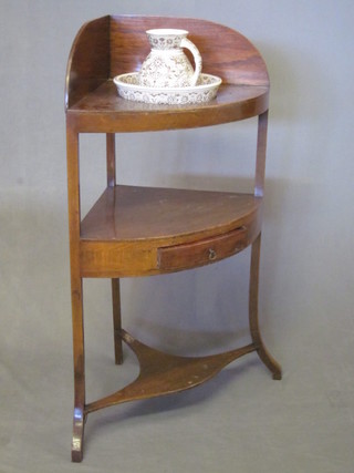 A Georgian mahogany 2 tier corner wash stand, fitted a drawer  with undertier, together with a brown and white glazed jug and  bowl 19"