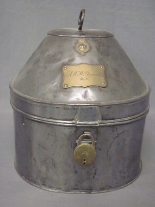 A polished metal Naval style hat box marked J Gieves & Sons A  W McDonald RN complete with brass padlock, no key,
