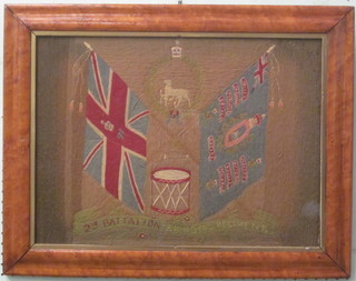 A Victorian wool work military sampler - the colours of the 2nd Battalion and 6th Royal Regiment 15" x 20" contained in a  walnut frame
