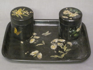 A 19th Century rectangular lacquered dressing table tray with floral decoration 10 1/2" and 2 dressing table jars