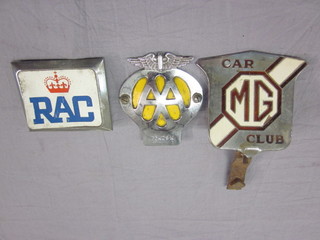 An MG Owner's Club radiator badge, AA badge and an RAC  badge