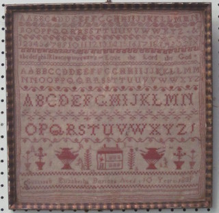 A Victorian needlework sampler with alphabet, numbers, house  and flowers by Susanna Elizabeth Burton, aged 10, 1831, 12" x  11"