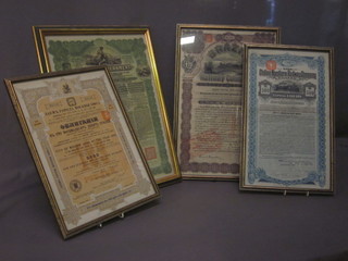 A Chinese Government share certificate, a Chilean Northern Railway share certificate, a Brazil Railway Co. share certificate  and 1 other
