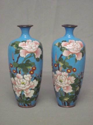 A pair of cloisonne blue ground club shaped vases with floral  decoration, 1 f, 6 1/2"