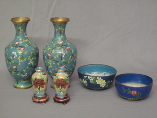 A pair of blue ground club shaped cloisonne enamel vases, 1 f,  8", a smaller pair of vases and a pair of bowls