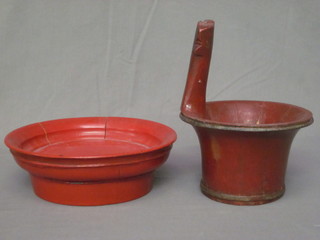 A circular Eastern red painted wooden bowl 10 1/2", and a small  pail 8"