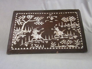 An Eastern inlaid mother of pearl plaque depicting mounted warriors 14" x 22"