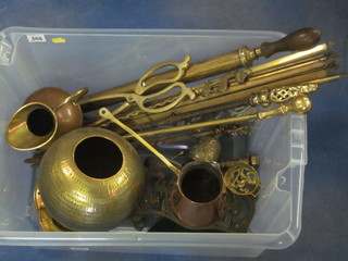 A collection of brass stair rods, a brass garden syringe, pierced trivet and other items of metalware etc