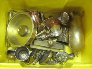 A yellow plastic crate containing a brass figure of a pig and other  brassware etc