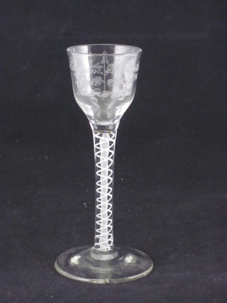 An 18th Century ale glass with cotton twist stem, the bowl  engraved William Armstrong April 8 1841, chips to foot,