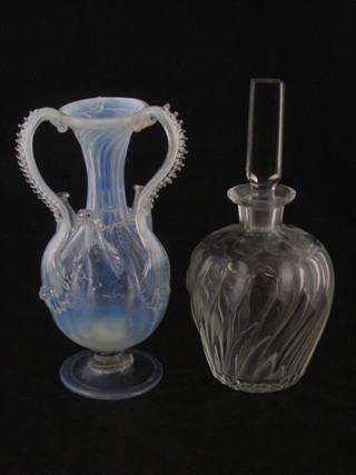 An Art Deco circular club shaped decanter and stopper and a  Venetian style 3 handled glass vase, f,