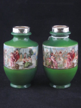 A pair of green glazed Continental porcelain club shaped vases decorated classical scenes with silver rims 4 1/2"