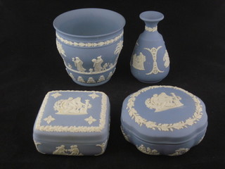 A circular blue Jasperware cachepot marked 84 5", do. vase, square trinket box and a round trinket box
