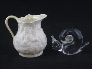A Beleek jug, the base with green Beleek mark 3" and a  Wedgwood glass figure of a snail 2"