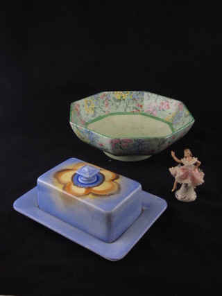 A Shelley rectangular butter dish and cover 6", lid cracked, a Shelley octagonal bowl and a Dresden figure of a Crinoline lady