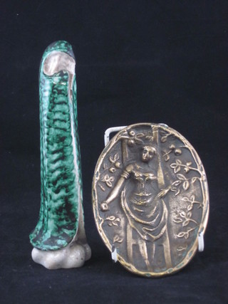 An Oriental shaped pottery figure in the form of a standing shrouded lady 7"  and a brass ashtray