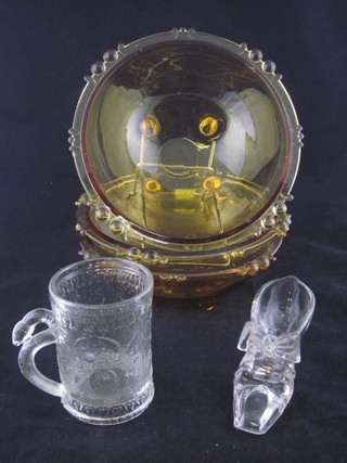 2 circular amber glass dishes by Saubi, raised on bun feet 8", together with a pressed glass tankard 4" and a model of a ladies  shoe 4"