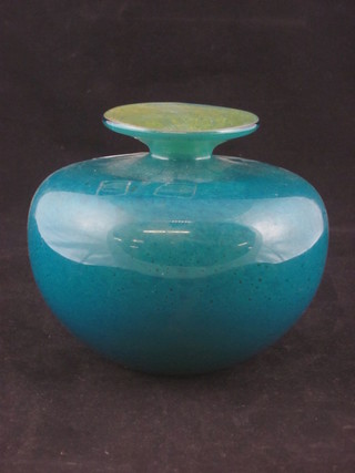 A globular shaped Mdina green glass vase 5"