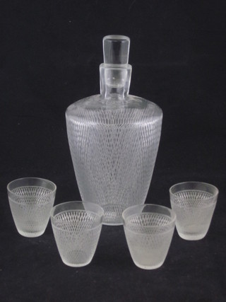A 1930's Continental etched glass liqueur set comprising decanter  and 4 shot glasses