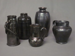 3 black glazed Art Pottery jugs and 2 ditto vases