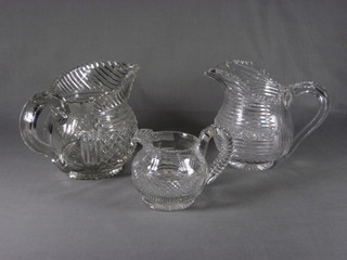 3 Irish cut glass graduated jugs, intermediate jug with chip to  spout,