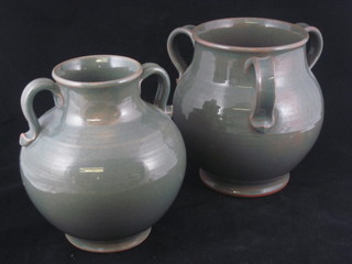 An Art Pottery 3 handled vase 7" and 1 other 6" by Audrey  Samuel