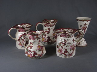 A Masons red Mandalay pattern cornucopia vase 7" and 4  matching jugs