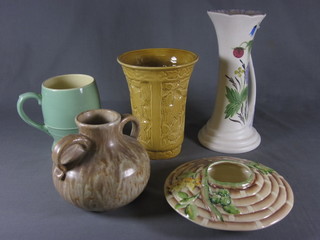 A Solano ware green glazed pottery tankard, a Radford pottery  jug, a C D Nowell twin handled vase, a Stagware vase and a  Myotts pottery vase