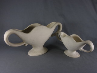 2 white pottery twin handled vases 16" and 11", the bases  marked The Pottery Fulham London