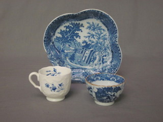 A blue and white coffee can, a blue and white teabowl decorated stylised Willow Tree and a 19th Century blue and white nut dish  8"