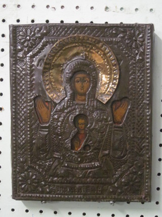 An embossed white metal and oil Icon "Standing Figure in  Prayer with Infant Christ" 8 1/2" x 7"