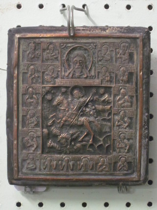 An embossed metal Icon "Saintly Knight Encountering a  Heathen" surrounded by 20 various Saints and Christ in the centre 5" x 4"